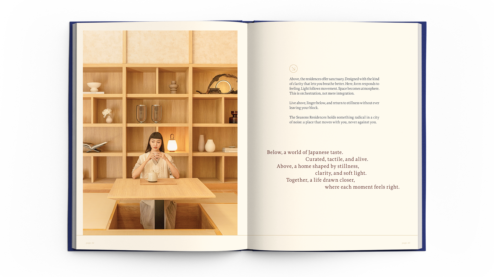 Open book with minimalistic Japanese-inspired interior design, showcasing branding and visual identity concepts.