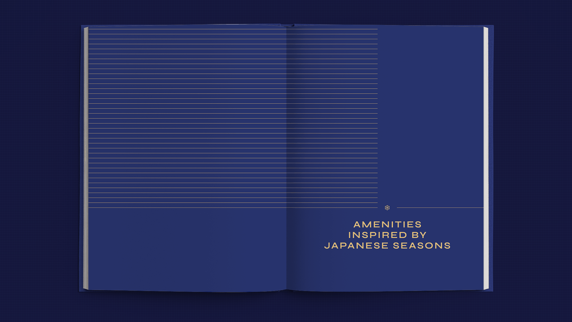 Open book spread with Amenities Inspired by Japanese Seasons in gold text. Minimalist design, blue background.