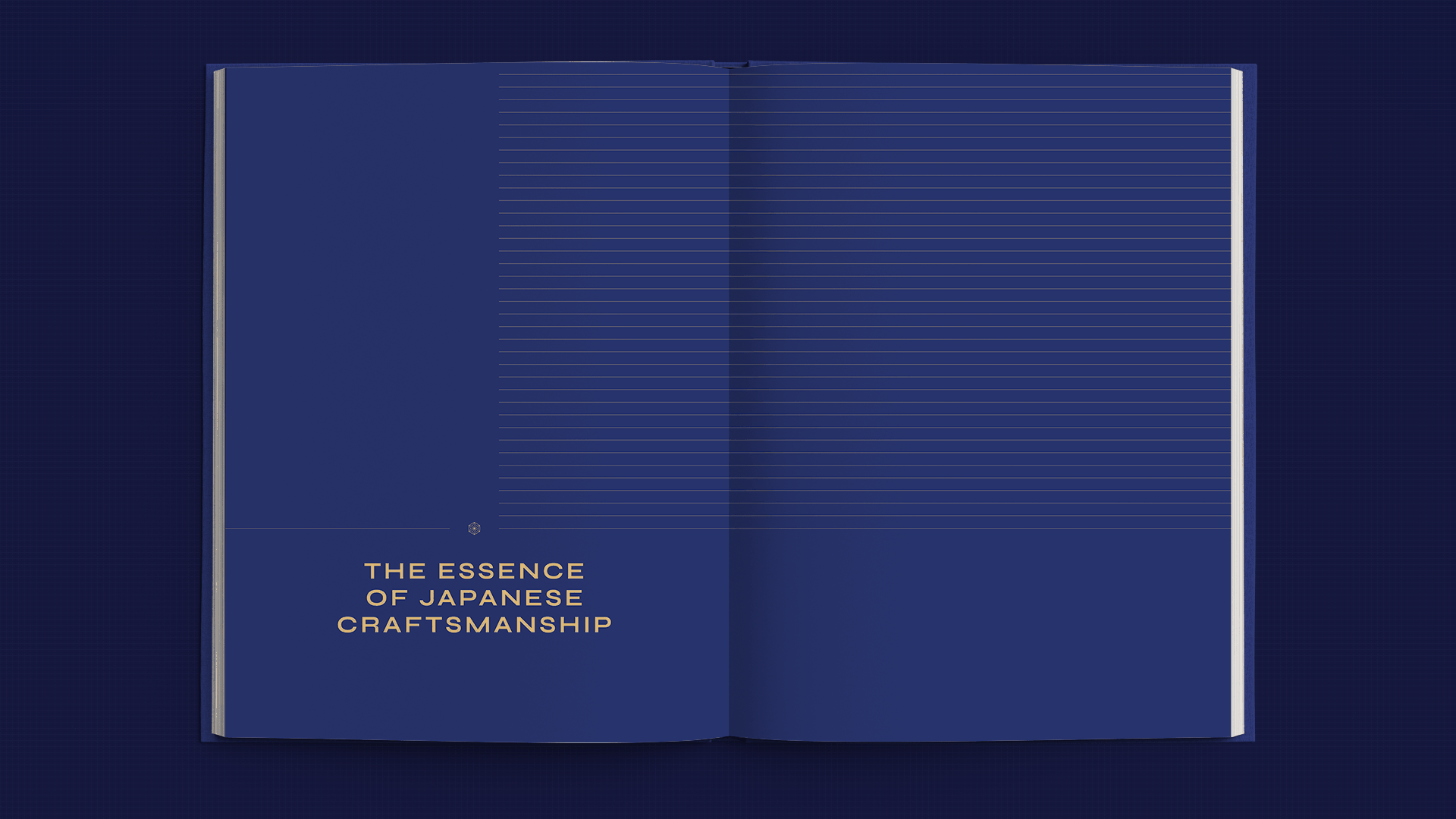 Blue book interior with lines, featuring text The Essence of Japanese Craftsmanship emphasizing brand identity.