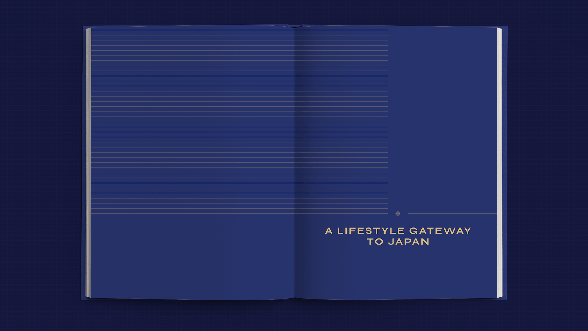 Open blue notebook with lined pages and A Lifestyle Gateway to Japan text, showcasing brand identity.